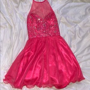 Steppin’ Out pink rhinestone halter mini dress